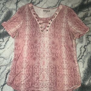 Mudd Pink Snake-Print Short Sleeve Top with Lace-Up Neck
